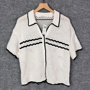 NEW Abercrombie & Fitch Crochet Knit Polo Shirt XL White‎ Black Trim Open Stitch